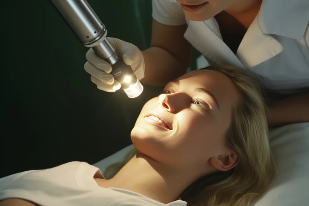Una donna che si sta sottoponendo a un trattamento con la luce